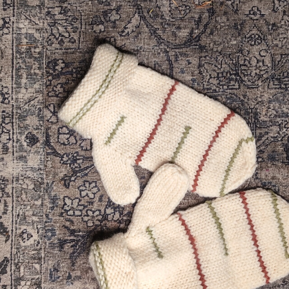 Vintage Handmade Knit Cream Mittens with Red and Green Stripes